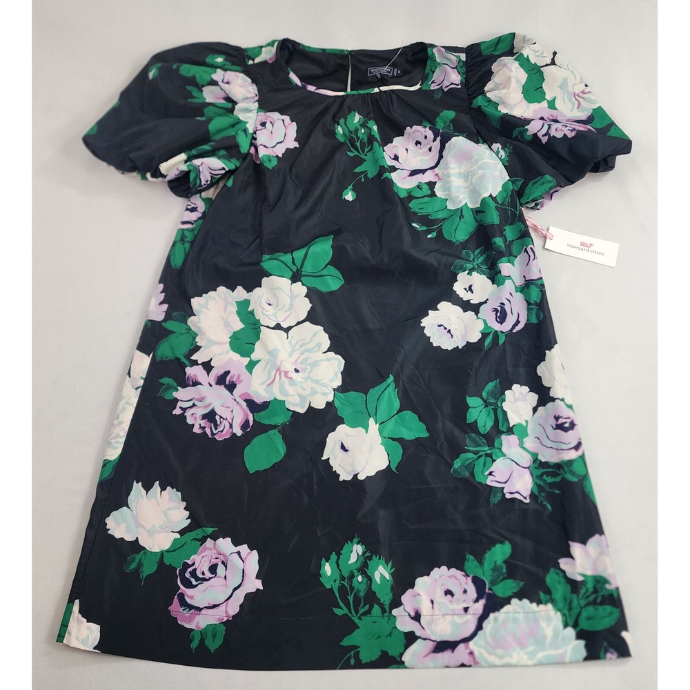 Vineyard Vines dress womens S Small black floral Taffeta puff sleeve shift $248